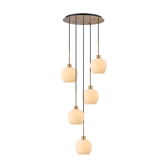 Lori 5 Light E27 Round Pendant Light, 45cm antique gold ceiling plate with five staggered cords holding tapered opal glass shades, on a plain white background.