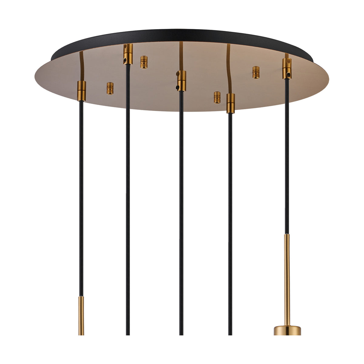 Close-up of the Lori 5 Light E27 Round Pendant Light's 45cm black ceiling plate with antique gold hardware and five black flex cables descending, shown on a plain white background.