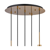 Close-up of the Lori 5 Light E27 Round Pendant Light's 45cm black ceiling plate with antique gold hardware and five black flex cables descending, shown on a plain white background.