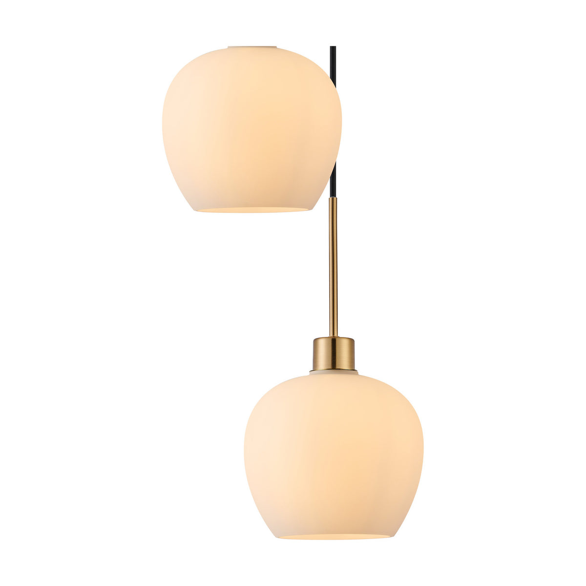Lori 5 Light E27 Round Pendant Light 45cm Opal in Antique Gold, showing two opal glass shades on staggered black flex with brass-toned fittings against a plain white background.