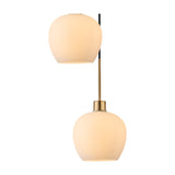Lori 5 Light E27 Round Pendant Light 45cm Opal in Antique Gold, showing two opal glass shades on staggered black flex with brass-toned fittings against a plain white background.
