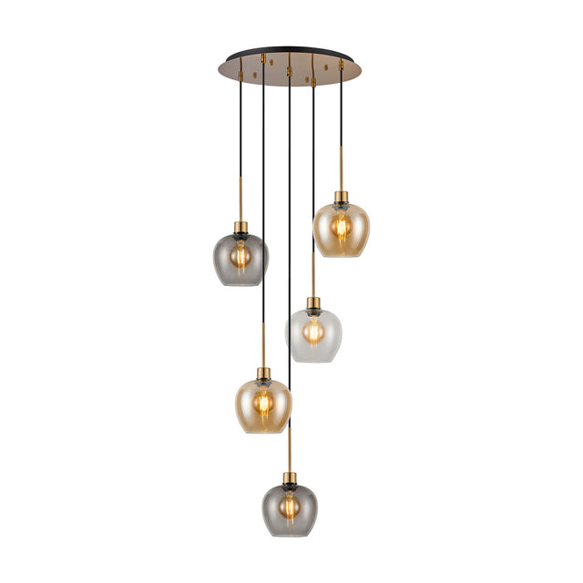 5 Light Pendant with round antique gold ceiling plate and five staggered glass shades in amber, clear and smoke tints, shown on a plain white background.