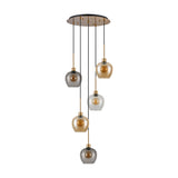 5 Light Pendant Amber 45cm with round antique gold ceiling plate and five glass shades in amber, clear and smoke tints at staggered heights, on a plain white background.