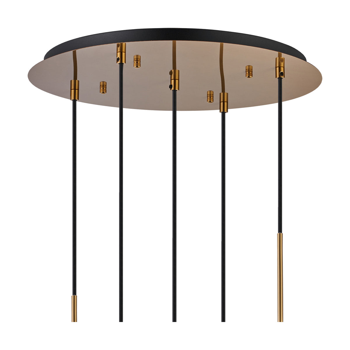 5 Light Pendant Amber 45cm ceiling rose with five independently adjustable cables in antique gold and black, shown without shades on a white background.