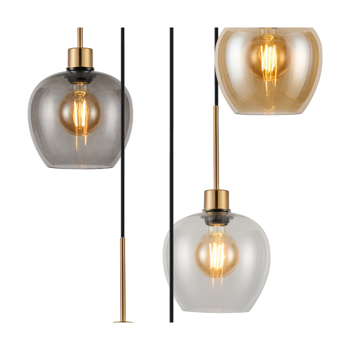 Close-up detail of the 5 Light Pendant showing glass shades in smoke, amber and clear tints with antique gold fittings and exposed bulbs, shown on a plain white background.