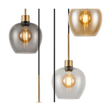 Close-up detail of the 5 Light Pendant showing glass shades in smoke, amber and clear tints with antique gold fittings and exposed bulbs, shown on a plain white background.