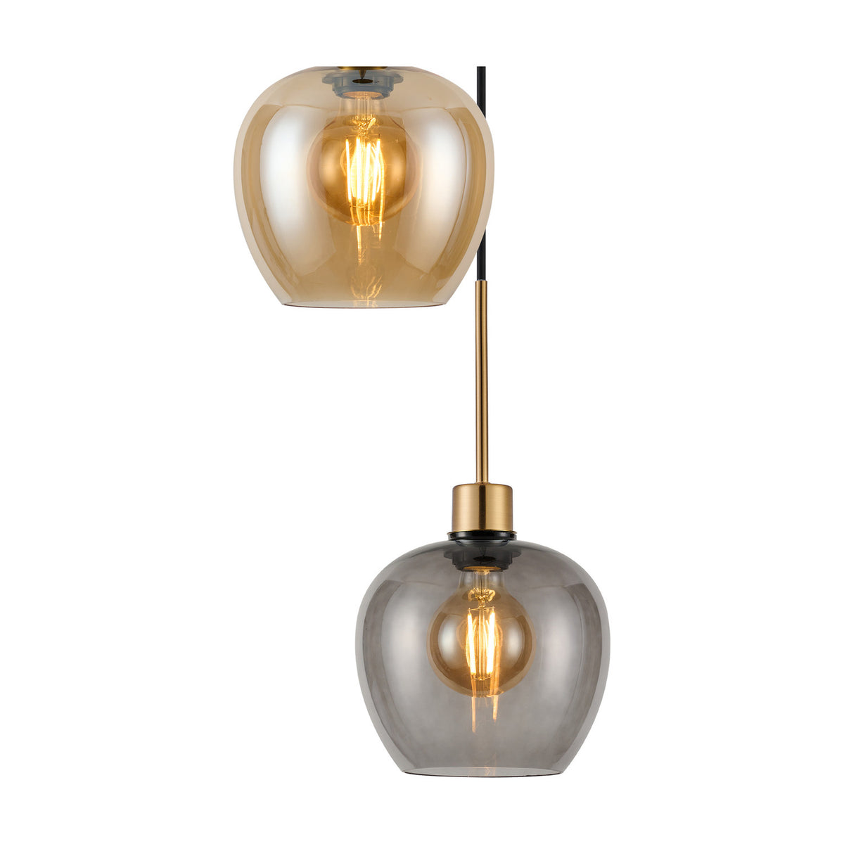 Two-light pendant detail from the 5 Light Pendant Amber 45cm, showing amber and smoke glass globe shades with exposed bulbs on an antique gold rod and fitting, plain white background.