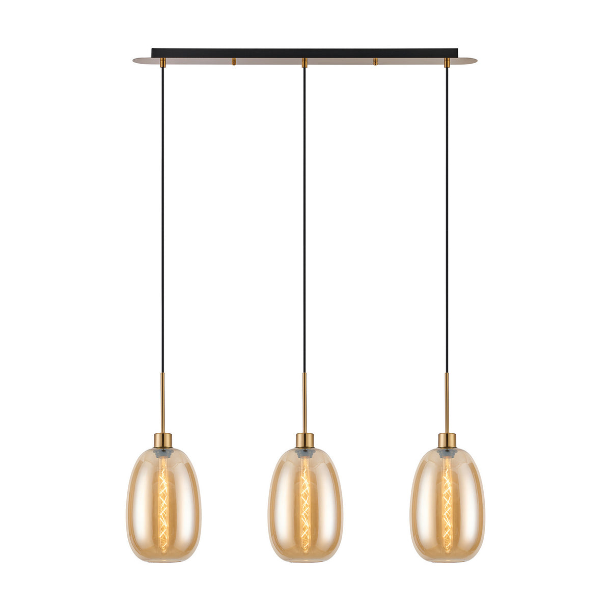 3 Light Linear Amber Glass Pendant Light with antique gold bar and cords, three oval amber glass shades with gold fittings, lit bulbs, on a plain white background.