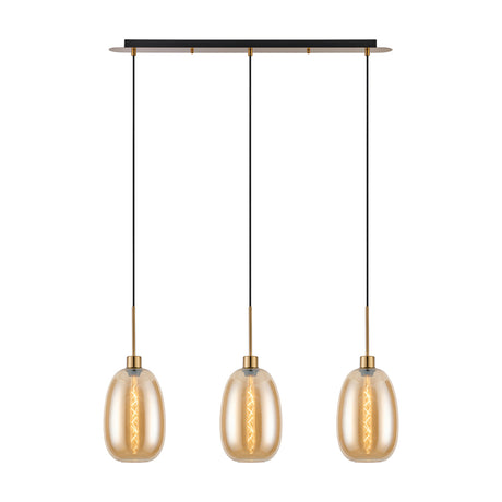 3 Light Linear Amber Glass Pendant Light with antique gold bar and cords, three oval amber glass shades with gold fittings, lit bulbs, on a plain white background.