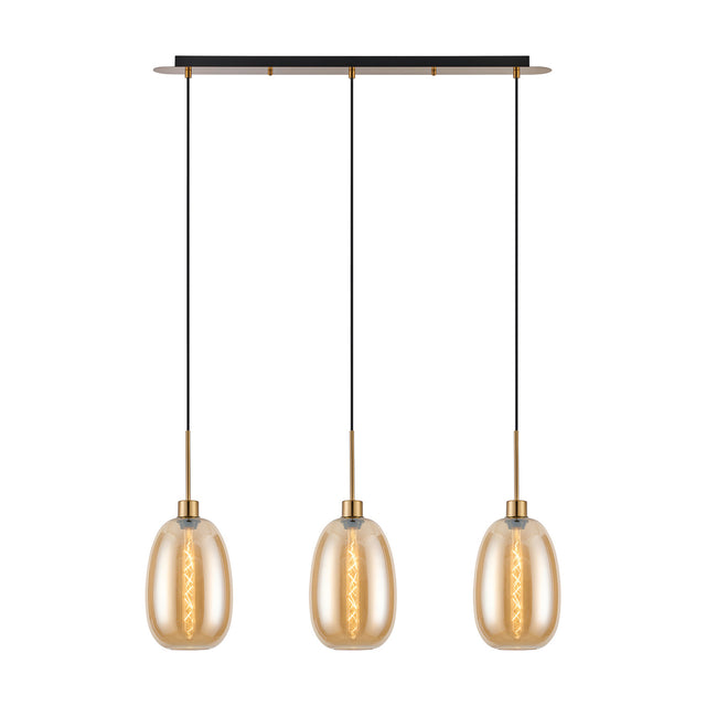 3 Light Linear Amber Glass Pendant Light with antique gold bar and cords, three oval amber glass shades with gold fittings, lit bulbs, on a plain white background.