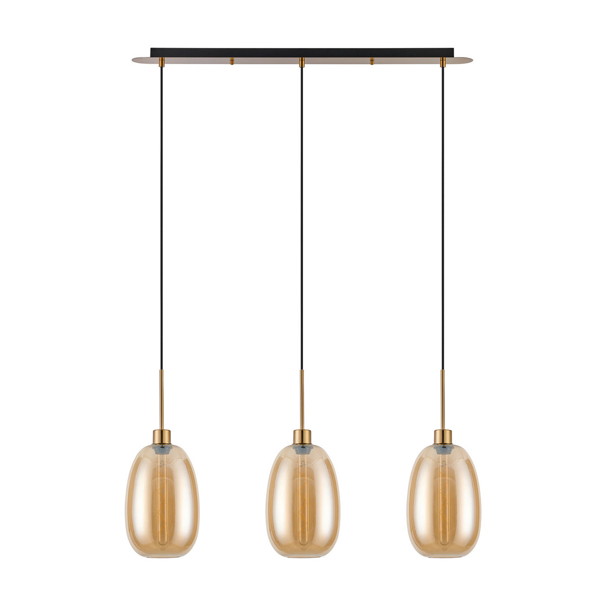 3 Light Linear Amber Glass Pendant Light with elongated oval shades on antique gold cords and canopy, 85cm bar, plain white background.