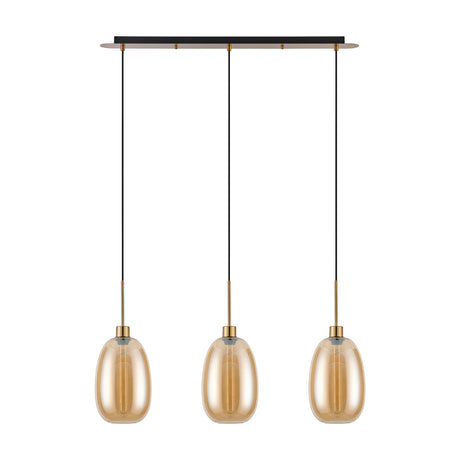 3 Light Linear Amber Glass Pendant Light with elongated oval shades on antique gold cords and canopy, 85cm bar, plain white background.