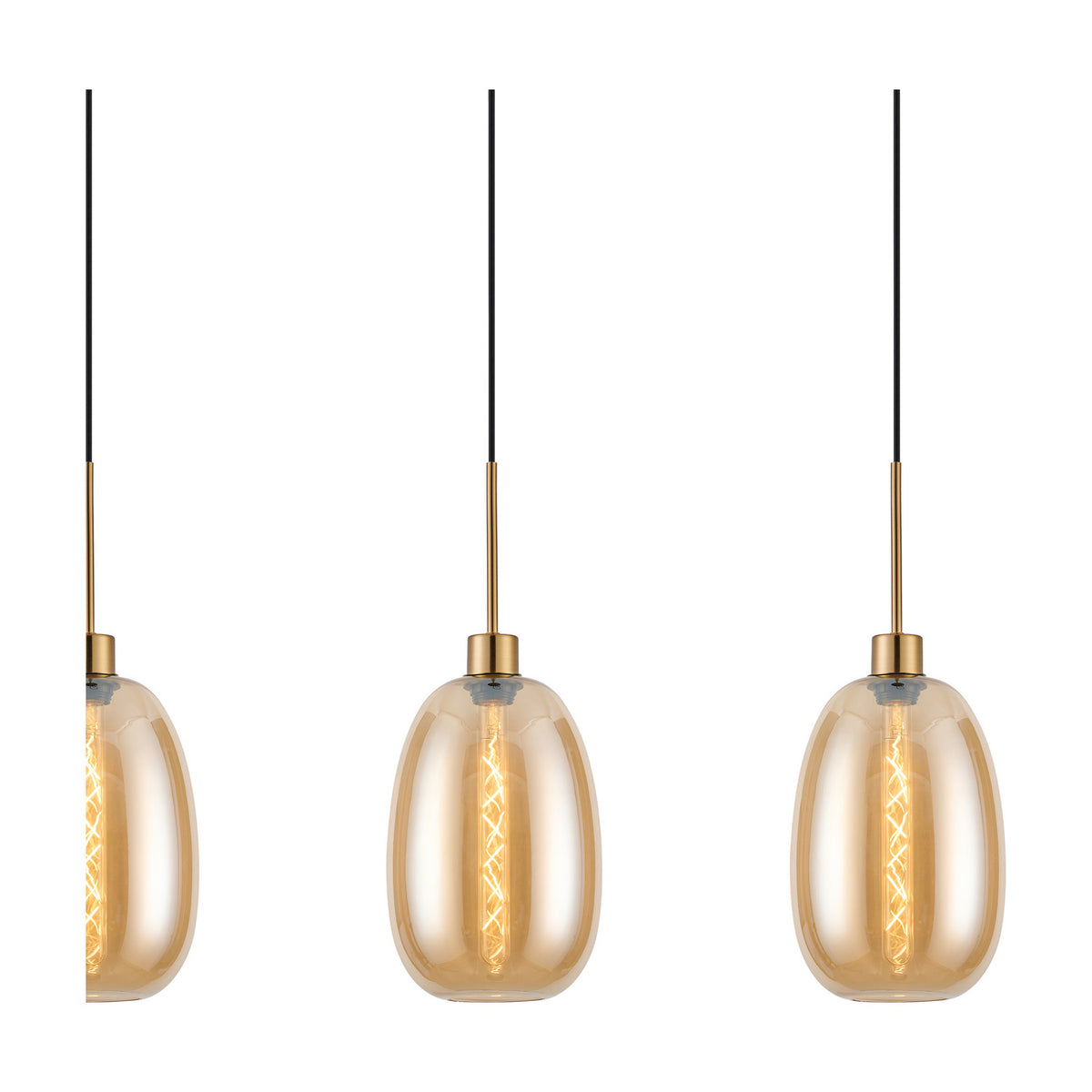 3 Light Linear Amber Glass Pendant Light with antique gold fittings, showing lit oval-curved shades on slim rods against a plain white background.