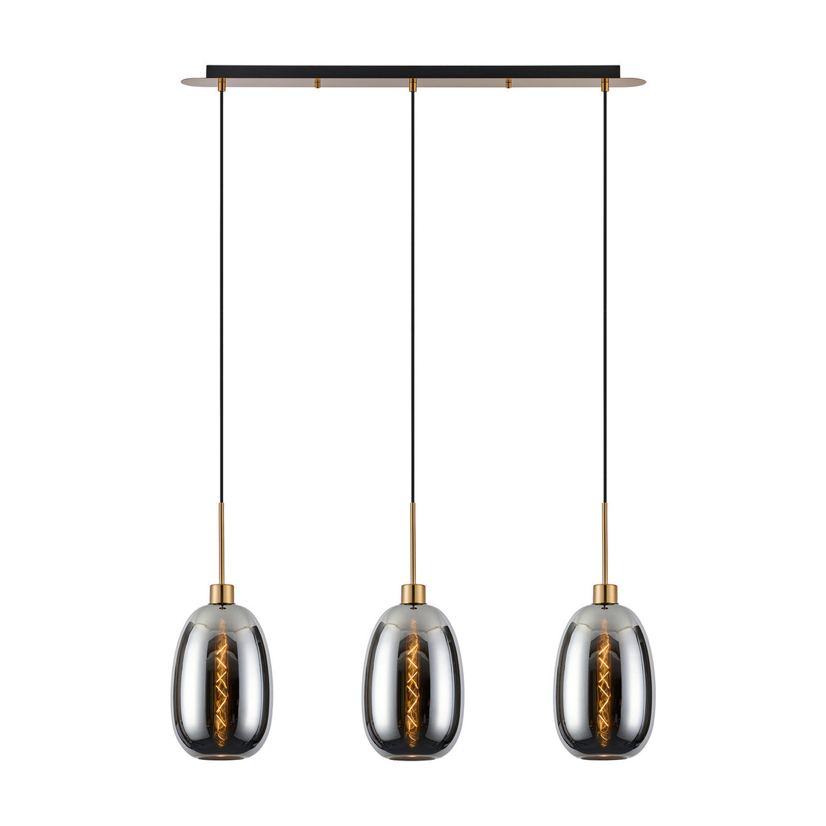 Lori 3 Light Linear Pendant Light with a black bar and antique gold rods suspending three chrome oval glass shades on black cables, shown on a white background.