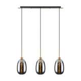 Lori 3 Light Linear Pendant Light with a black bar and antique gold rods suspending three chrome oval glass shades on black cables, shown on a white background.