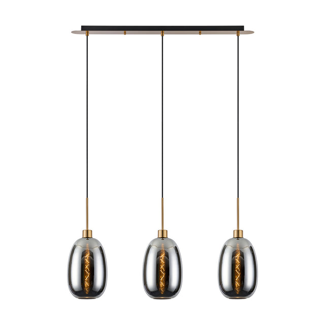 Lori 3 Light Linear Pendant Light with a black bar and antique gold rods suspending three chrome oval glass shades on black cables, shown on a white background.