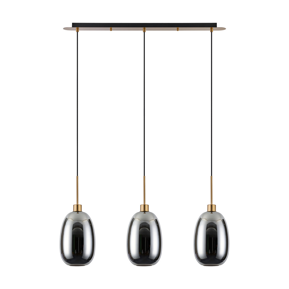 Lori 3 Light Linear Pendant Light with an antique gold ceiling bar and three chrome glass ovoid shades on brass-toned rods, shown on a plain white background.