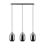 Lori 3 Light Linear Pendant Light with an antique gold ceiling bar and three chrome glass ovoid shades on brass-toned rods, shown on a plain white background.