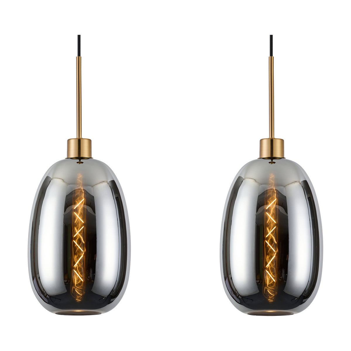 Two chrome oval glass pendant lights with visible filament bulbs, suspended from antique gold bar mounts on black cables, shown against a plain white background.
