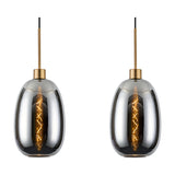 Two chrome oval glass pendant lights with visible filament bulbs, suspended from antique gold bar mounts on black cables, shown against a plain white background.