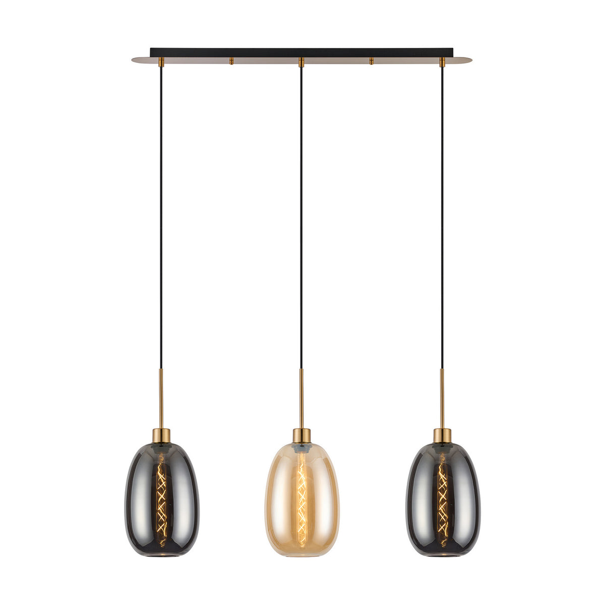 Lori 3 Light Pendant on an 85cm antique gold bar, with three elongated glass shades in amber and smoke tones, each on a slim gold suspension against a plain white background.