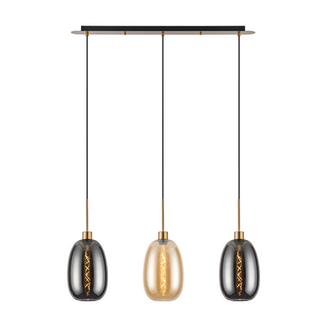 Lori 3 Light Pendant on an 85cm antique gold bar, with three elongated glass shades in amber and smoke tones, each on a slim gold suspension against a plain white background.
