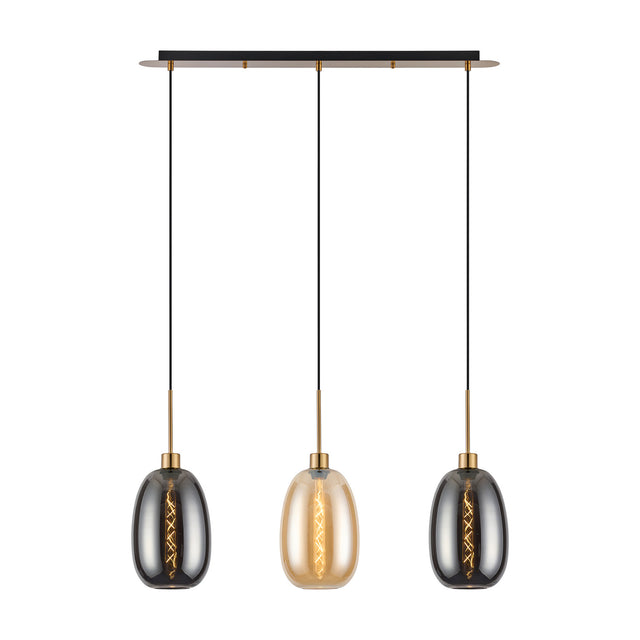 Lori 3 Light Pendant on an 85cm antique gold bar, with three elongated glass shades in amber and smoke tones, each on a slim gold suspension against a plain white background.