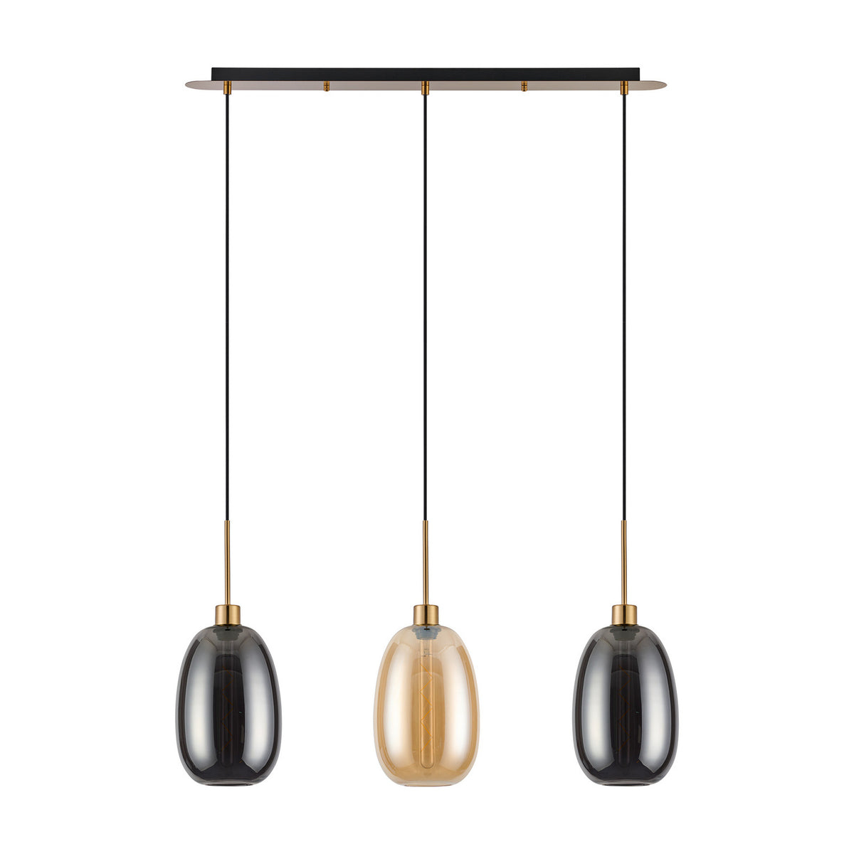 Lori 3 Light Pendant with three oval glass shades in smoke, amber, and smoke, suspended from a slim antique gold bar on black cables against a white background.