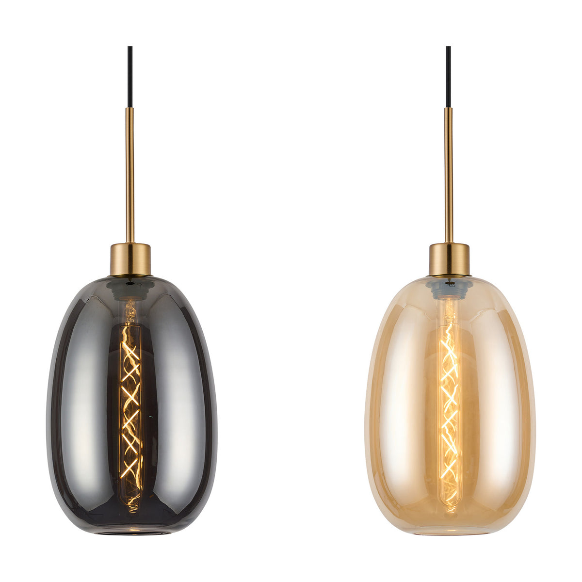Two single-light glass pendant lights with antique gold suspension rods, one in smoky grey glass and one in amber glass, each with visible Edison-style bulb, shown on a plain white background.