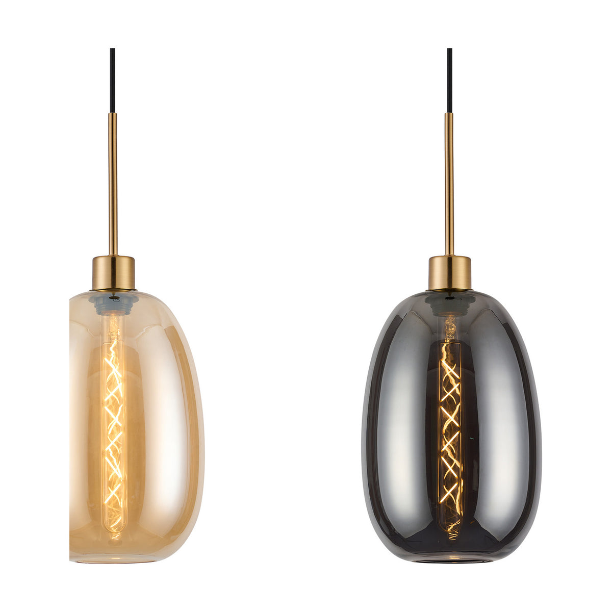Lori pendant lights with amber and smoke glass oval shades on antique gold ceiling bars, shown side by side with visible E27 filament bulbs against a white background.