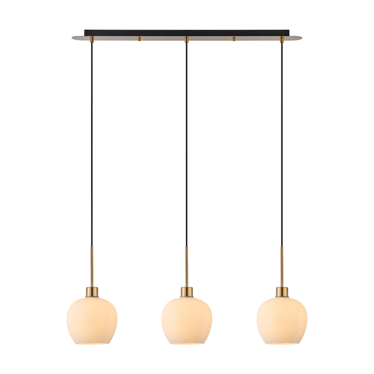 Lori 3 Light Opal Wine Glass Pendant Light in antique gold, featuring a slim linear bar with three tapering opal glass shades on black cords, shown on a plain white background.