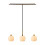 Lori 3 Light Opal Wine Glass Pendant Light in antique gold, featuring a slim linear bar with three tapering opal glass shades on black cords, shown on a plain white background.