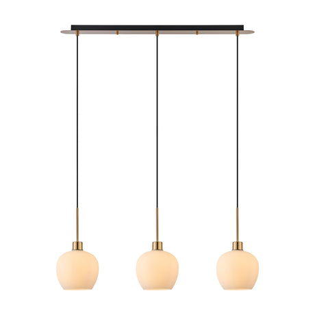 Lori 3 Light Opal Wine Glass Pendant Light in antique gold, featuring a slim linear bar with three tapering opal glass shades on black cords, shown on a plain white background.