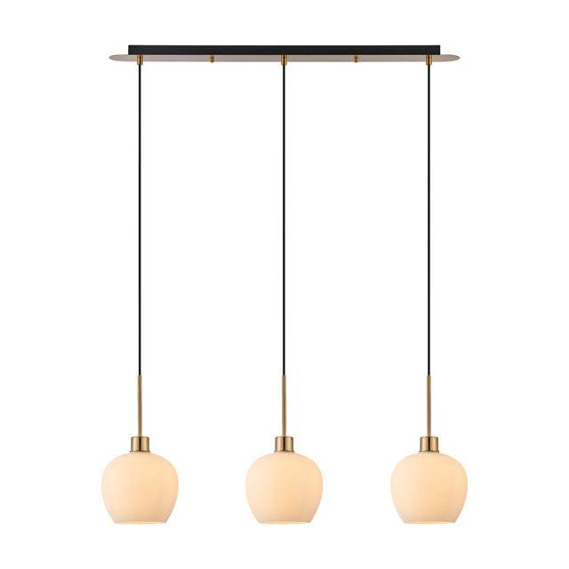 Lori 3 Light Opal Wine Glass Pendant Light in antique gold, featuring a slim linear bar with three tapering opal glass shades on black cords, shown on a plain white background.