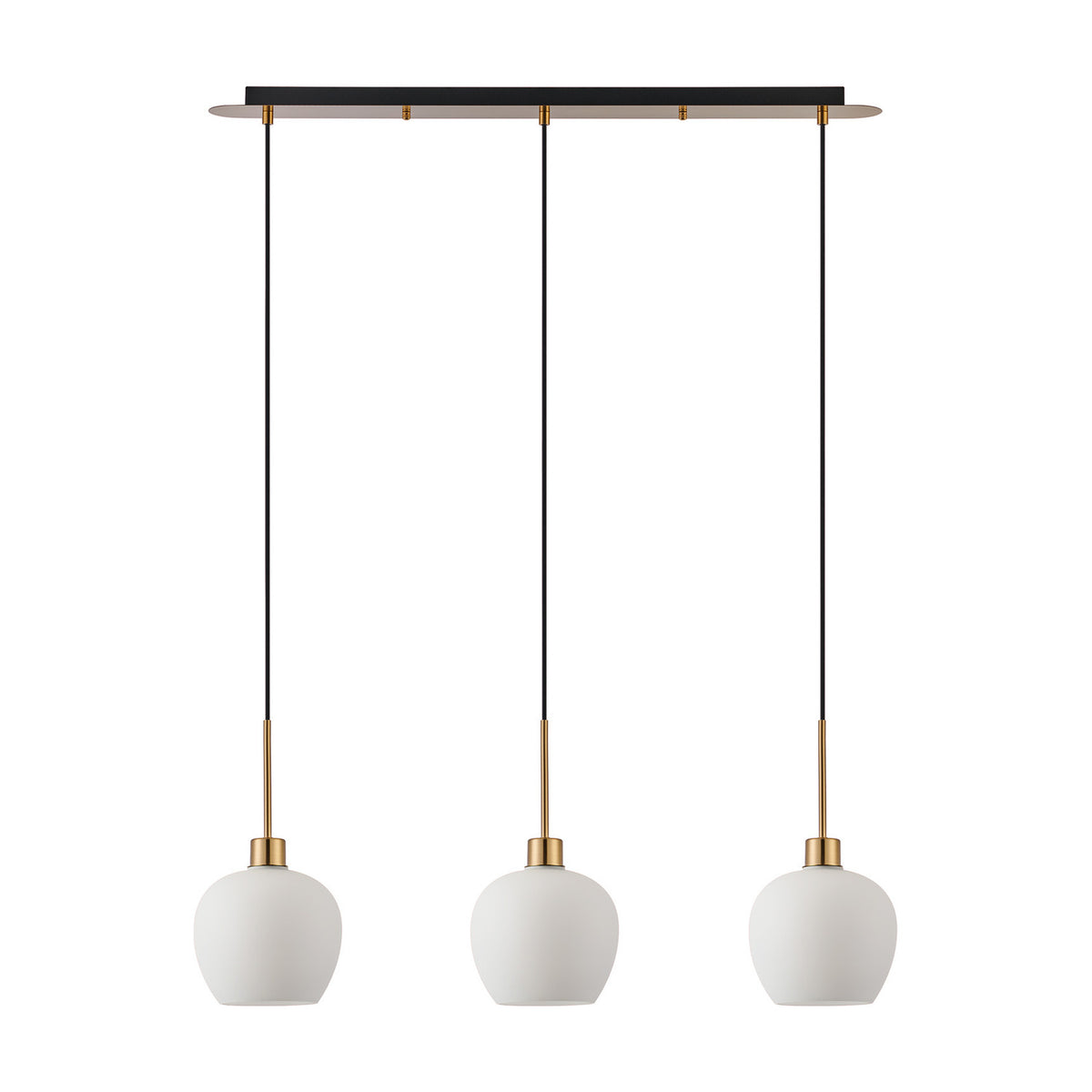 Lori 3 Light Opal Wine Glass Pendant Light with antique gold linear bar and cords suspending three rounded opal glass shades, shown on a plain white background.