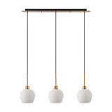 Lori 3 Light Opal Wine Glass Pendant Light with antique gold linear bar and cords suspending three rounded opal glass shades, shown on a plain white background.