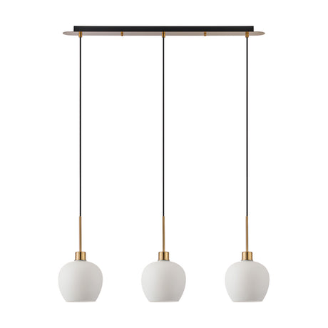 Lori 3 Light Opal Wine Glass Pendant Light with antique gold linear bar and cords suspending three rounded opal glass shades, shown on a plain white background.