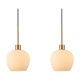 Two single-pendant lights from the Lori collection, each with a rounded opal glass wine-shape shade on an antique gold rod and cable, shown on a plain white background.