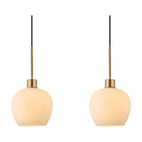 Pair of Lori pendant lights with opal glass wine-shaped shades on slim antique gold rods and black cable, shown against a plain white background.