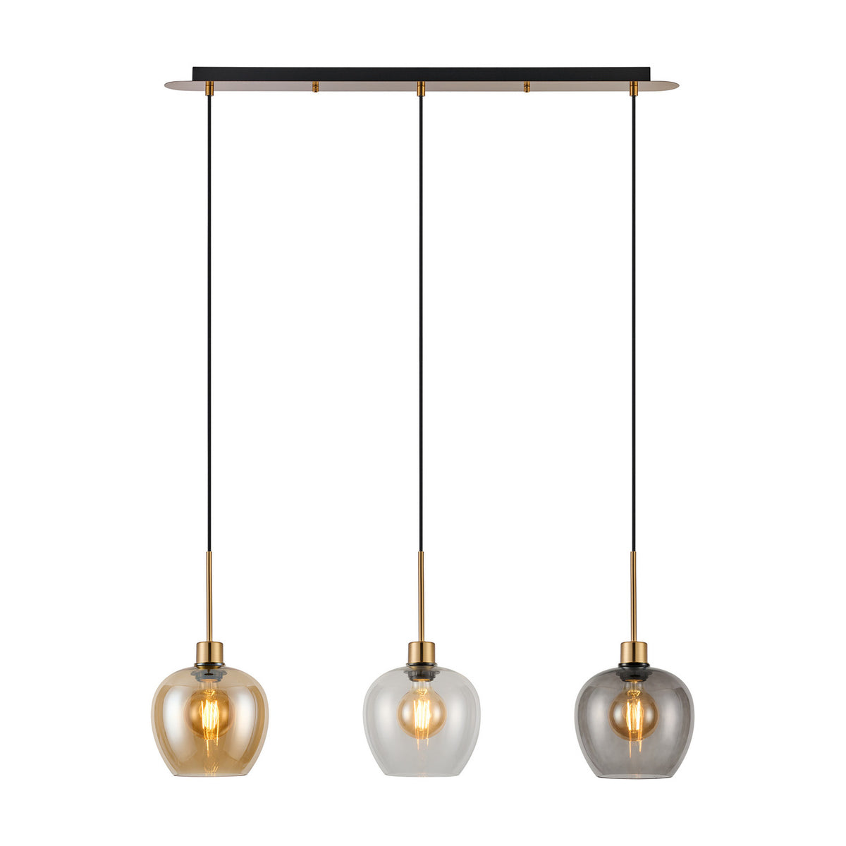 E27 3-light pendant with linear black ceiling bar and antique gold hardware, featuring amber, clear, and smoke glass wine-glass shaped shades on a plain white background.