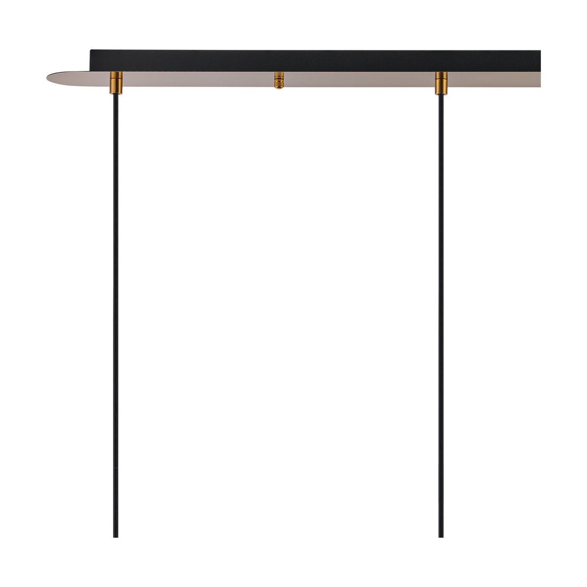 E27 3 Light Pendant 85cm Long with antique gold ceiling bar and two black suspension rods shown against a plain white background, glass shades not fitted.