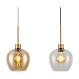 Two E27 pendant lights with antique gold rods and fittings, one amber glass globe shade and one clear glass globe shade, each with a visible filament bulb, shown on a plain white background.