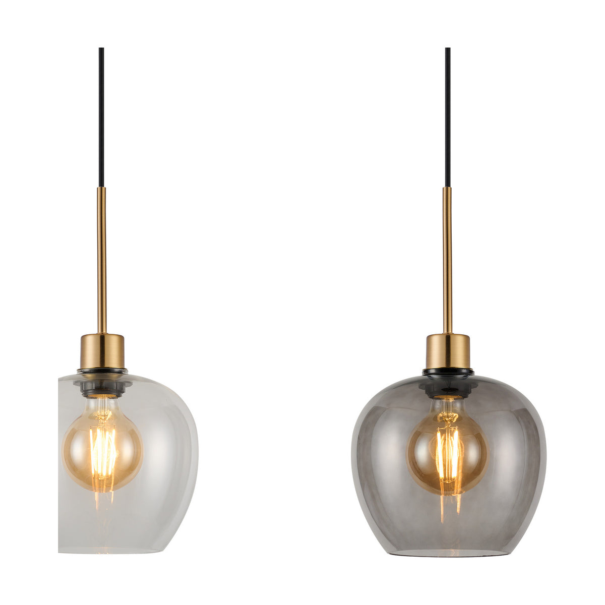Two glass pendant lights with antique gold stem fittings, one clear and one smoke-tinted globe shade, each with an exposed filament bulb, on a plain white background.