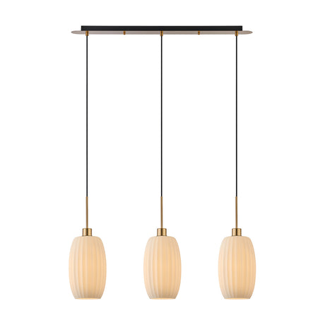 Lori 3 Light Ribbed Opal Linear Glass Pendant with antique gold ceiling bar and adjustable cords, shown on a plain white background.