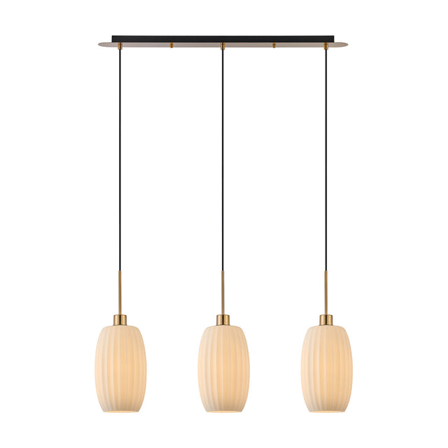 Lori 3 Light Ribbed Opal Linear Glass Pendant with antique gold ceiling bar and adjustable cords, shown on a plain white background.