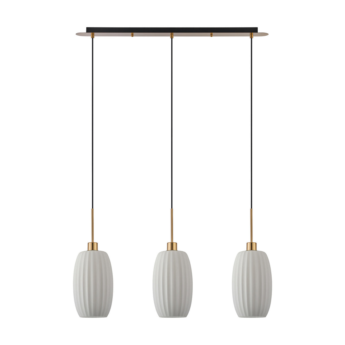 Lori 3 Light Ribbed Opal Linear Glass Pendant 85cm in Antique Gold, with three ribbed opal tubular shades on adjustable cords beneath a slim gold ceiling bar, shown on a plain white background.