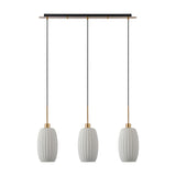 Lori 3 Light Ribbed Opal Linear Glass Pendant 85cm in Antique Gold, with three ribbed opal tubular shades on adjustable cords beneath a slim gold ceiling bar, shown on a plain white background.