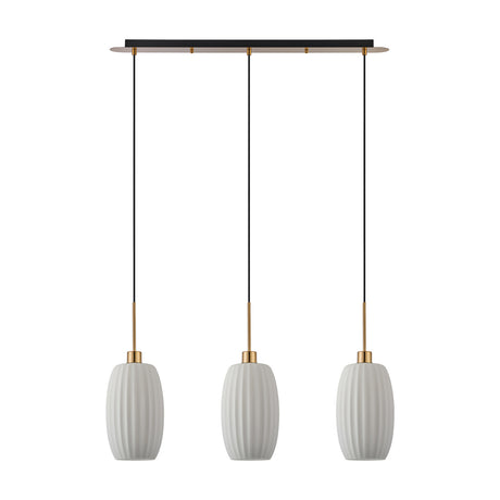 Lori 3 Light Ribbed Opal Linear Glass Pendant 85cm in Antique Gold, with three ribbed opal tubular shades on adjustable cords beneath a slim gold ceiling bar, shown on a plain white background.