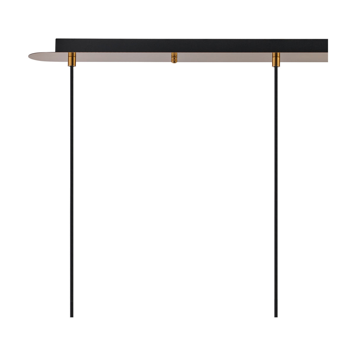 Lori 3 Light Linear Pendant 85cm in antique gold, showing the slim ceiling bar with three brass connectors and adjustable black suspension cables on a white background.