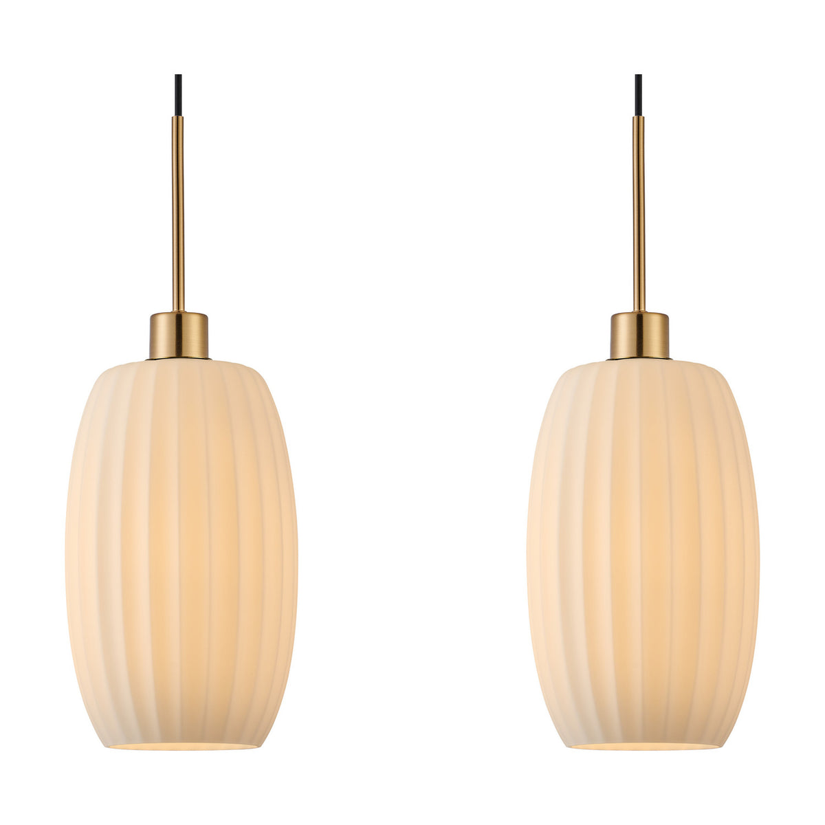 Lori pendant light showing two single ribbed opal glass tubular shades on slim antique gold rods, isolated on a white background.